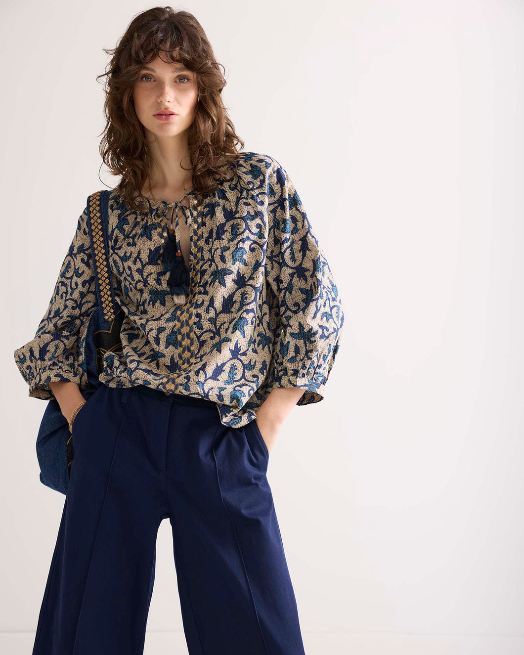 3/4 sleeve top Block Print 2s3120-12212 000480 - Navy noir