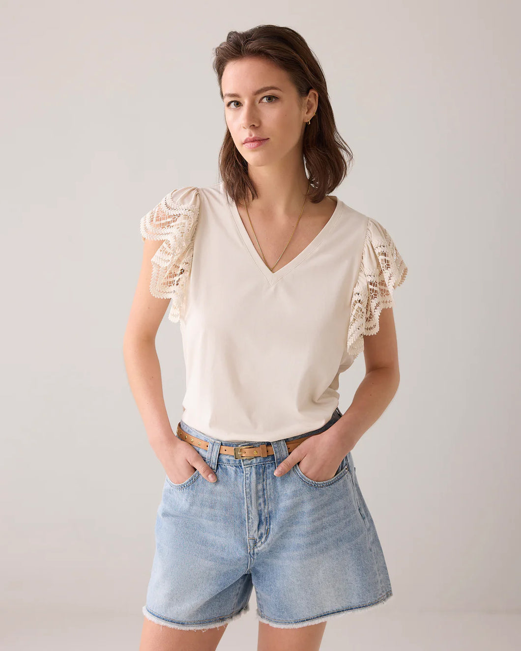 Butterfly sleeve top with lace 3s5025-30609 000122 - Ivory