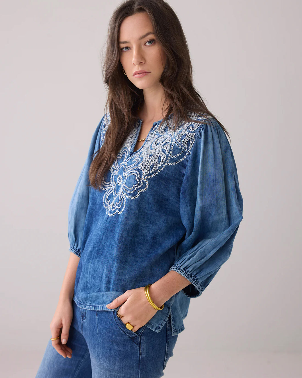 Shortsleeve top Cotton Indigo Sateen 2s3217-11631 000490 - Indigo