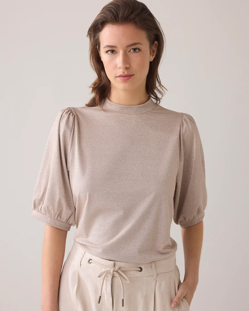 Short sleeve top Soft Lurex Jersey 3s5106-30644 000702 - Pebble beige